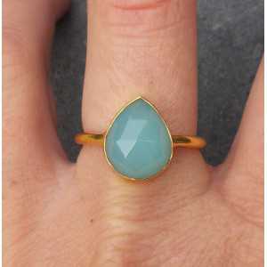 Gold plated ring with oval shape faceted aqua Chalcedony 18.5 mm