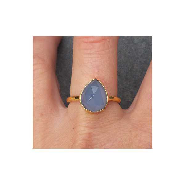 Gold plated ring with oval shape faceted blue Chalcedony 18.5 mm