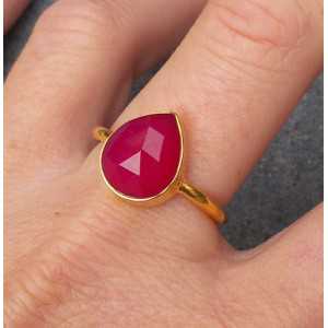 Gold plated ring with oval shape faceted fuchsia Chalcedony 18 mm