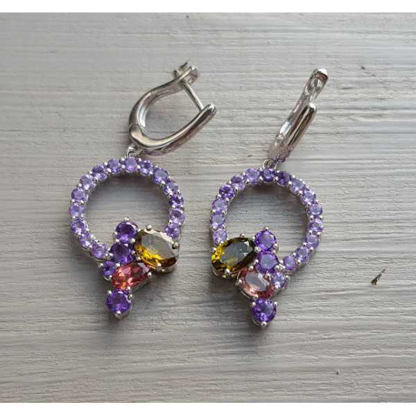 Silver earrings set with Amethyst and Tourmaline