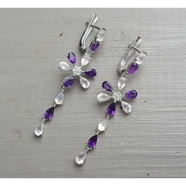 Silver long earrings with Amethyst and rose quartz