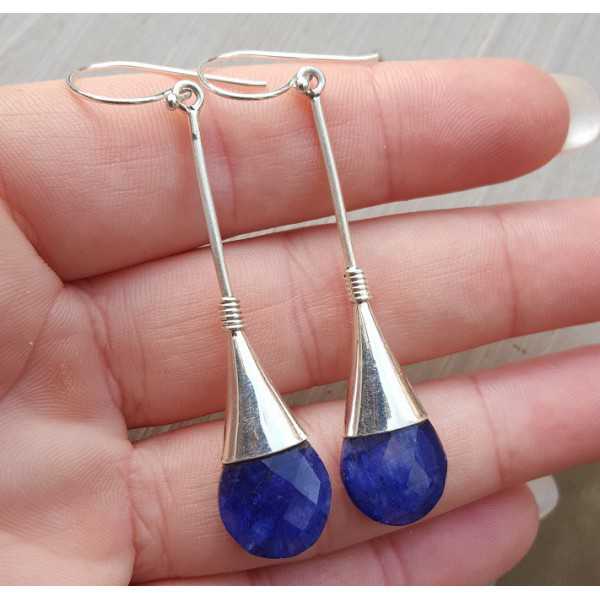 Silver long earrings with Sapphire drop