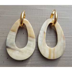 Creoles with buffalo horn pendant double wear white/ brown leather 