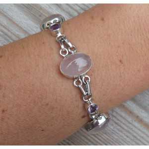 Silver bracelet with cabochon rose quartz and facet Amethisten 
