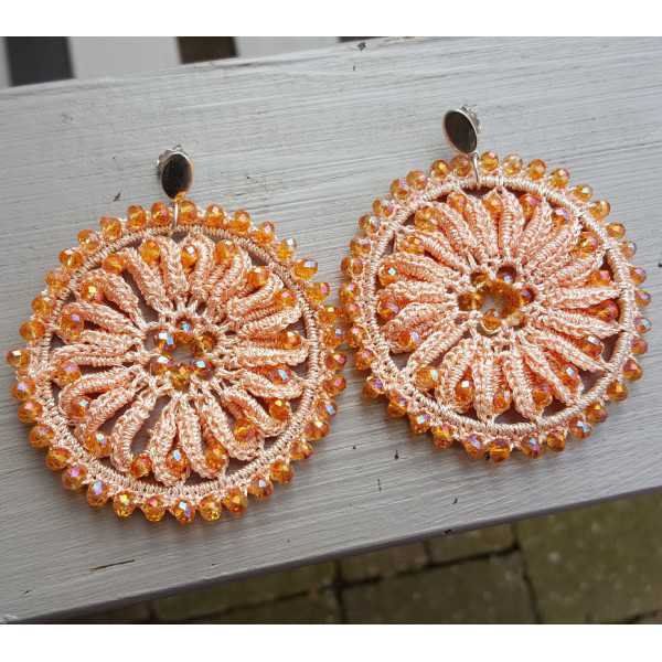 Silver earrings amber round pendant of silk thread and crystals