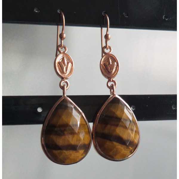 Gold plated earrings made with oval shape faceted tiger's eye 