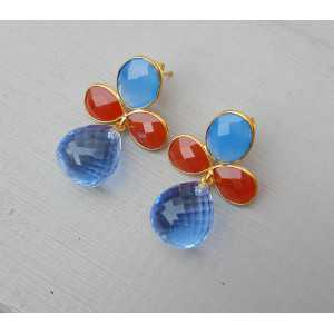 Vergoldete Ohrringe, blauer Chalcedon, Karneol, blau Topaz briolet