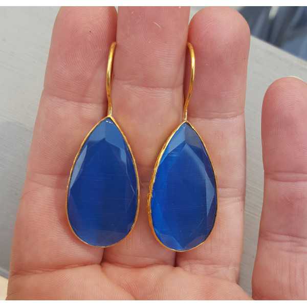 Vergoldete Ohrringe-set mit schmalen teardrop blue cat ' s eye