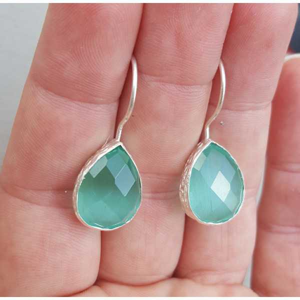 Silver earrings with teardrop mint green cat's eye