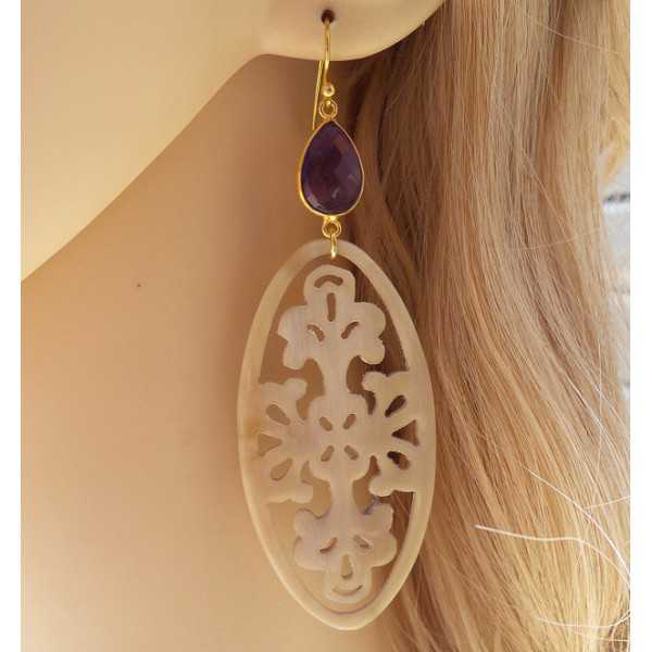 Gold plated earrings with Amethyst and buffalo horn