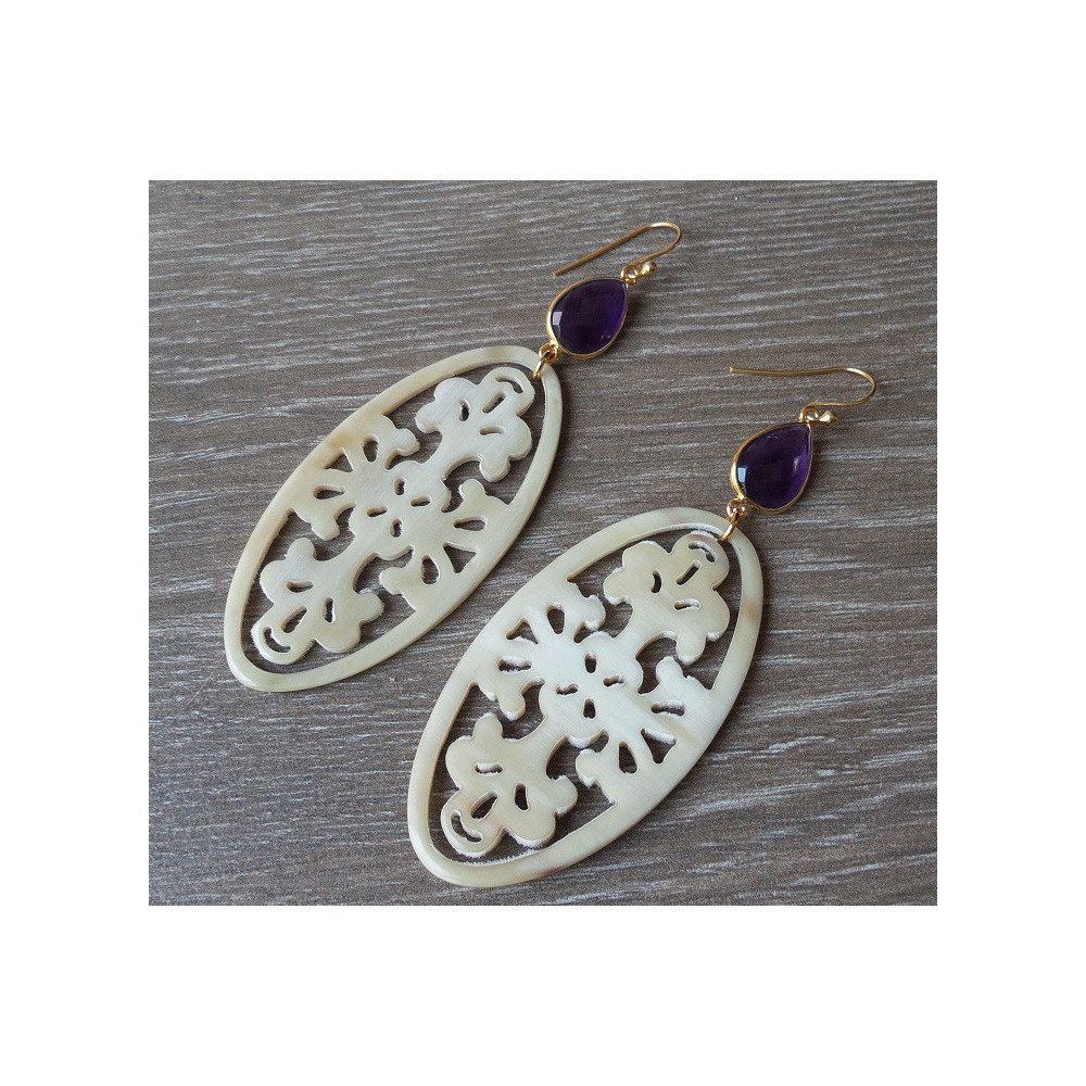 Gold plated earrings with Amethyst and buffalo horn