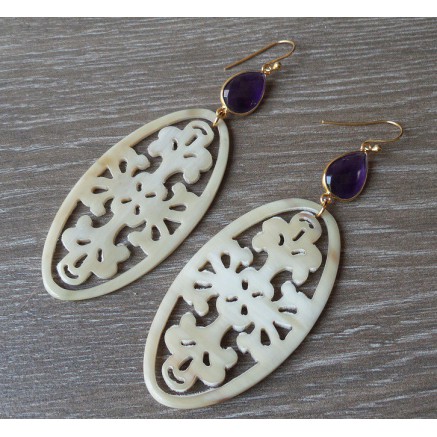 Gold plated earrings with Amethyst and buffalo horn