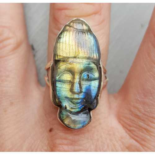 longontsteking Nautisch bijnaam Zilveren ring met Boeddha van Labradoriet 18 mm Ring maat Ring maat 17.3 mm  t/m 18 mm