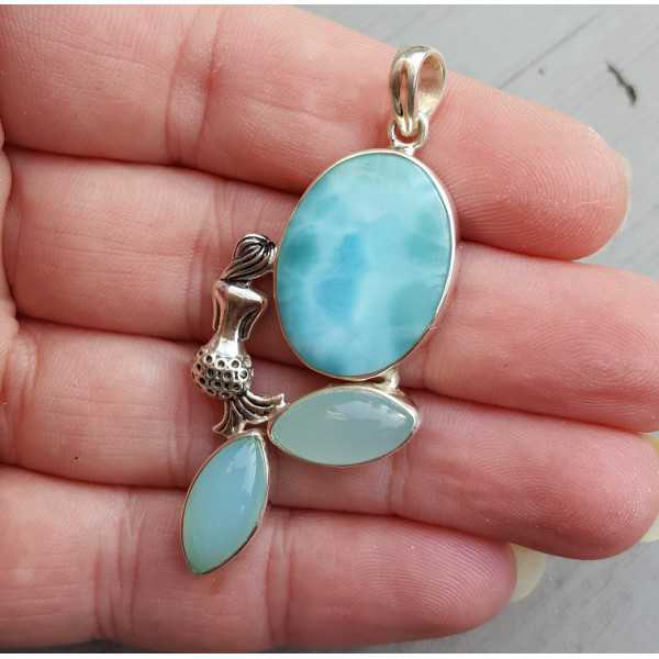 Silver pendant set with Larimar and aqua Chalcedony