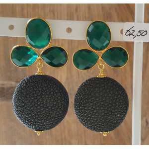 Gold plated earrings with dark green Roggenleer and green Onyx