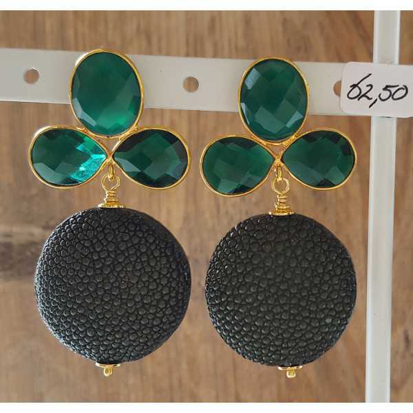 Gold plated earrings with dark green Roggenleer and green Onyx