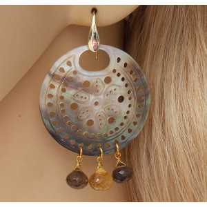 Gold plated earrings with Blacklip shell, Citrine and Smokey Topaz 