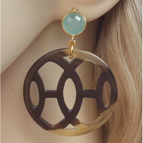 Gold plated earrings with buffalo horn and aqua Chalcedony