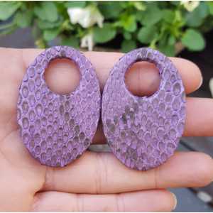 Creole earrings set with oval shaped pendant of purple Snakeskin