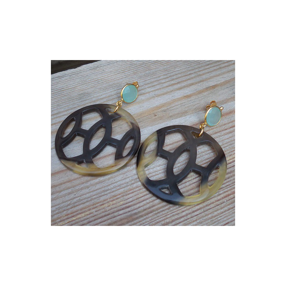 Gold plated earrings with buffalo horn and aqua Chalcedony