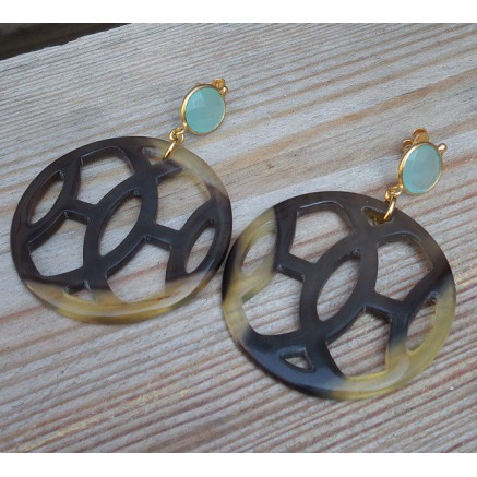 Gold plated earrings with buffalo horn and aqua Chalcedony