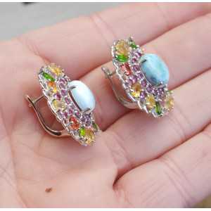 Silver earrings with Larimar, Rhodoliet, Chrome Diopsiet and Sapphire