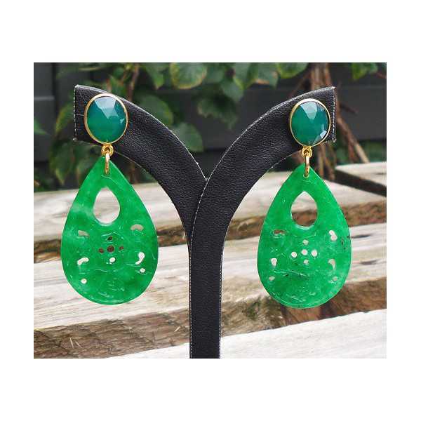 Gold plated earrings with carved Jade and green Onyx
