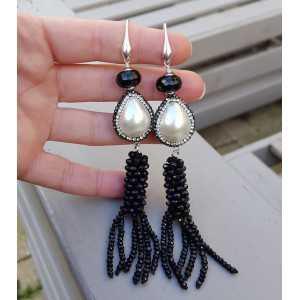 Silver earrings with Onyx Pearl with crystal and tassel