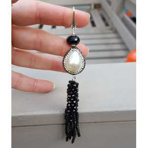 Silver earrings with Onyx Pearl with crystal and tassel