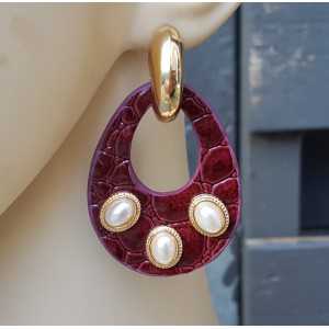 Gold-plated creoles with bordeaux red I'm Ecoleather and ornaments