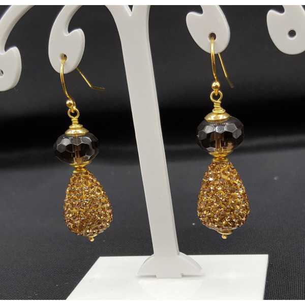 Gold plated earrings Smokey Topaz, and drop with golden crystals