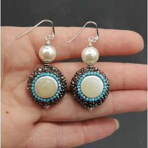 Silber Ohrringe mit Perlen-schwarz und Türkis-blau Kristalle