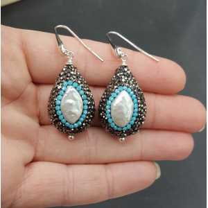 Ohrringe-set mit Perlen-schwarz und Türkis-blau Kristalle