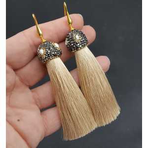 Gold plated beige tassel earrings with crystals and pearl