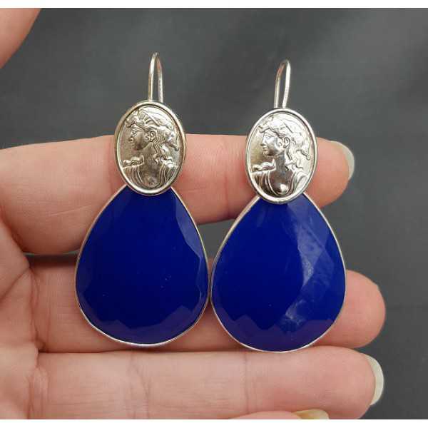 Silber Ohrringe mit großen cobalt blue Chalcedon und Cameo