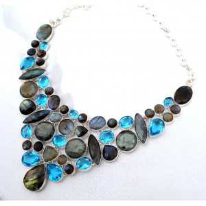 Silver necklace set with facet cut Labradorite and Topazes