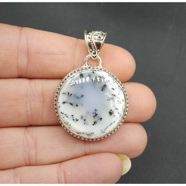 Silver pendant round Dendrite Opal carved setting