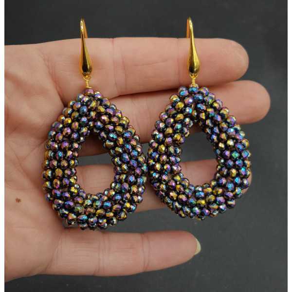 Gold plated earrings open drop with multi colour metallic crystals