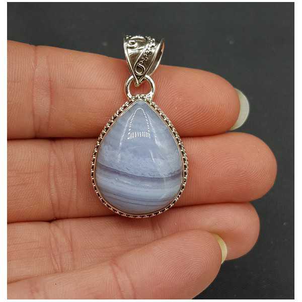 Silver pendant oval shape blue Lace Agate carved setting