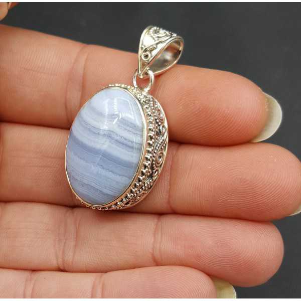 Silver pendant Lace Agate stone set in a carved setting