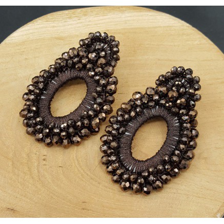 Earrings with chocolate brown side wire and crystals pendant