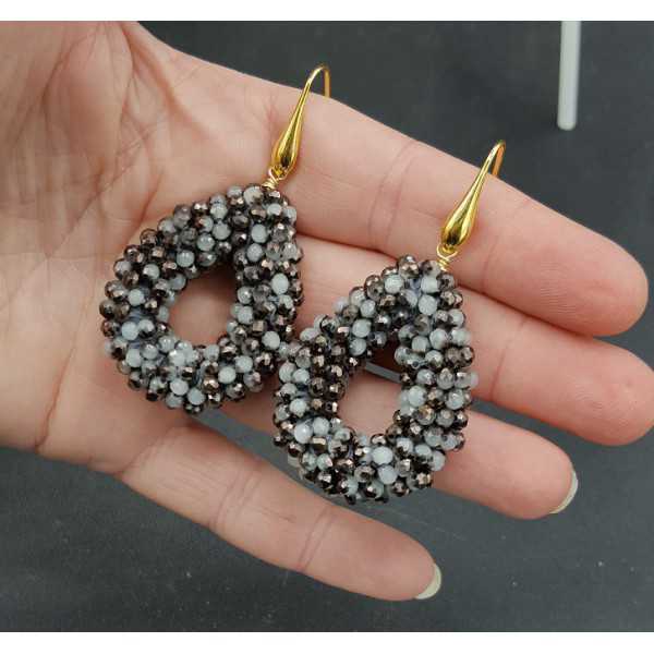 Gold plated earrings open drop of gray, black crystals small