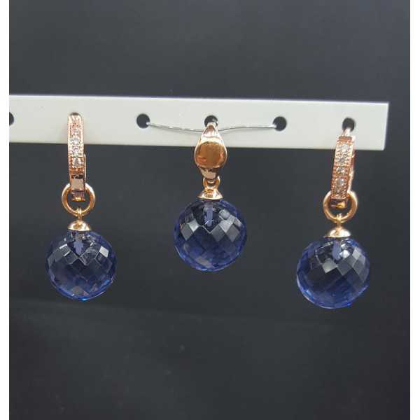 Rosé gold-plated pendant and creoles with round Ioliet quartz