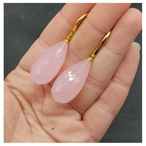 Vergoldete Ohrringe mit großen rosa Chalcedon Tropfen