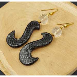 Earrings with rock Crystal and black pendant of Snakeskin