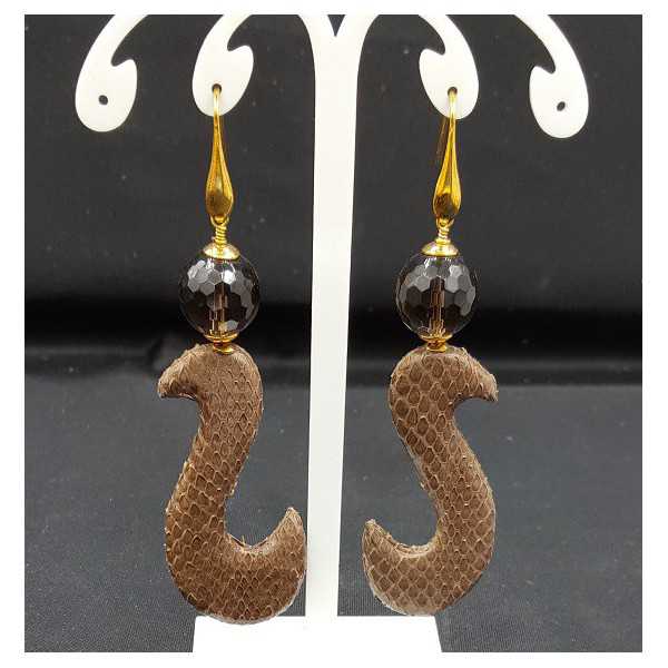 Earrings with Smokey Topaz and brown pendant of Snakeskin