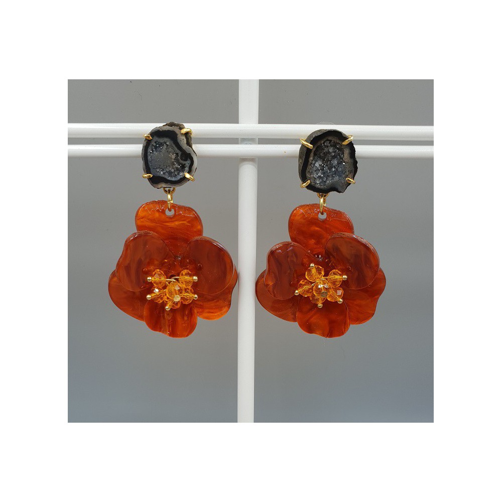 Gold plated earrings Agate geode and orange resin flower