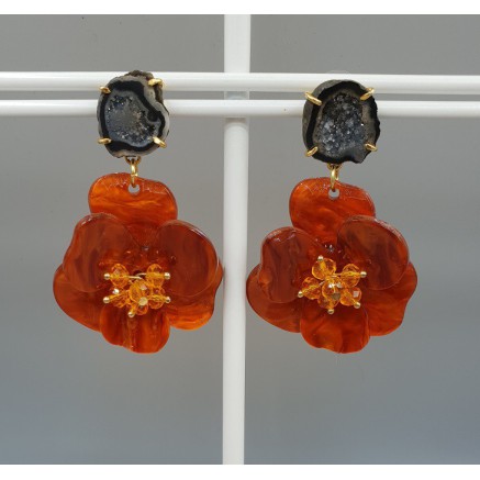 Gold plated earrings Agate geode and orange resin flower