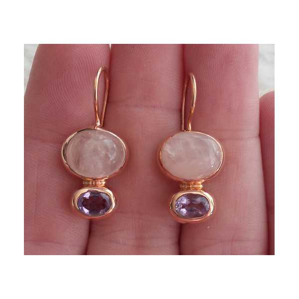 Gold plated earrings with oval Amethyst and rose quartz 