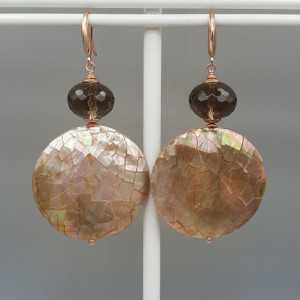Earrings with round brown shell and Smokey Topaz